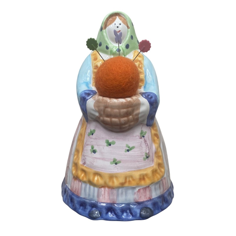 Vintage Pier 1 Pin Cushion Figurine Handpainted Italy Ceramic Folk Art Sewing